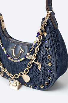 CHAIN AND STUDS DENIM HOBO SHOULDER BAG