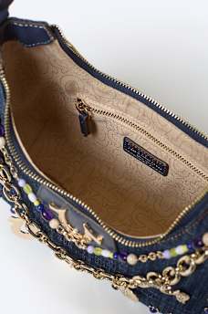 CHAIN AND STUDS DENIM HOBO SHOULDER BAG