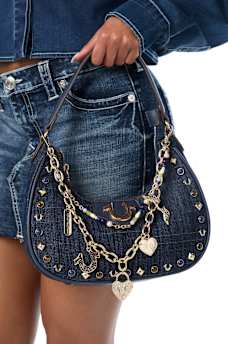 CHAIN AND STUDS DENIM HOBO SHOULDER BAG