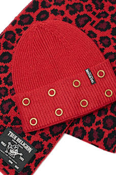 LEOPARD BEANIE AND SCARF SET