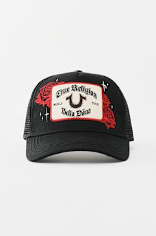 TRUE RELIGION X BELLA DOÑA EMBROIDERED ROSE PATCH TRUCKER HAT, image 4