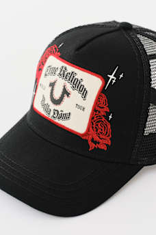 TRUE RELIGION X BELLA DOÑA EMBROIDERED ROSE PATCH TRUCKER HAT, image 6