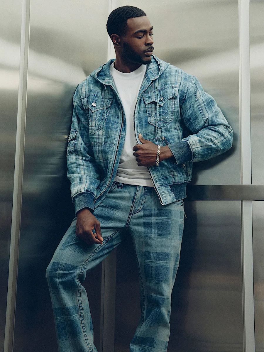 hooded indigo plaid jacket
