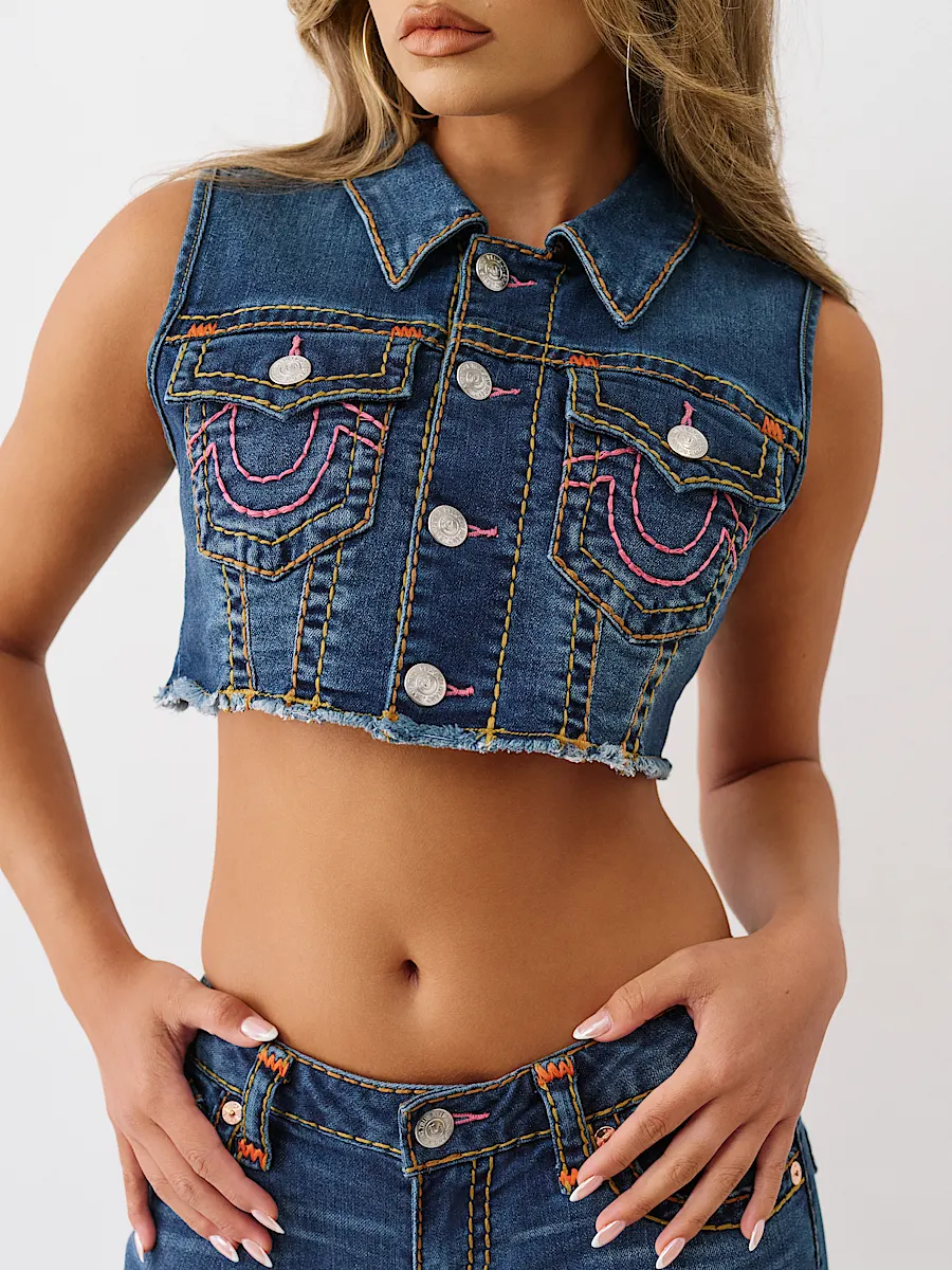 cropped super t denim vest