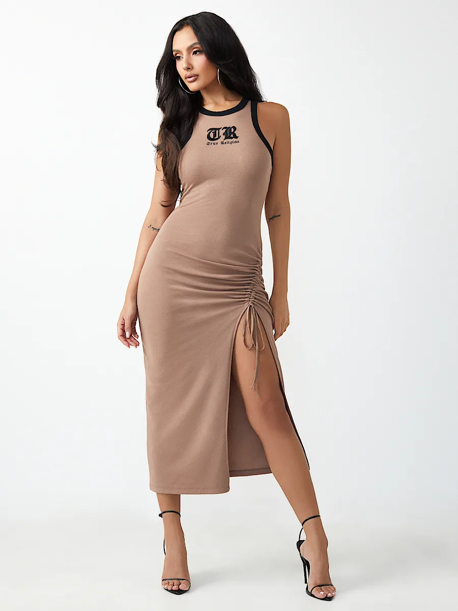 ruched ribbed midi dress