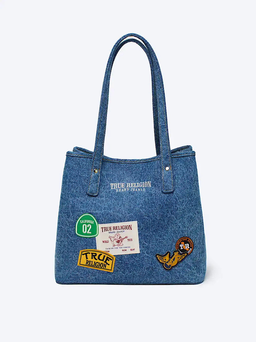 multi logo denim tote bag