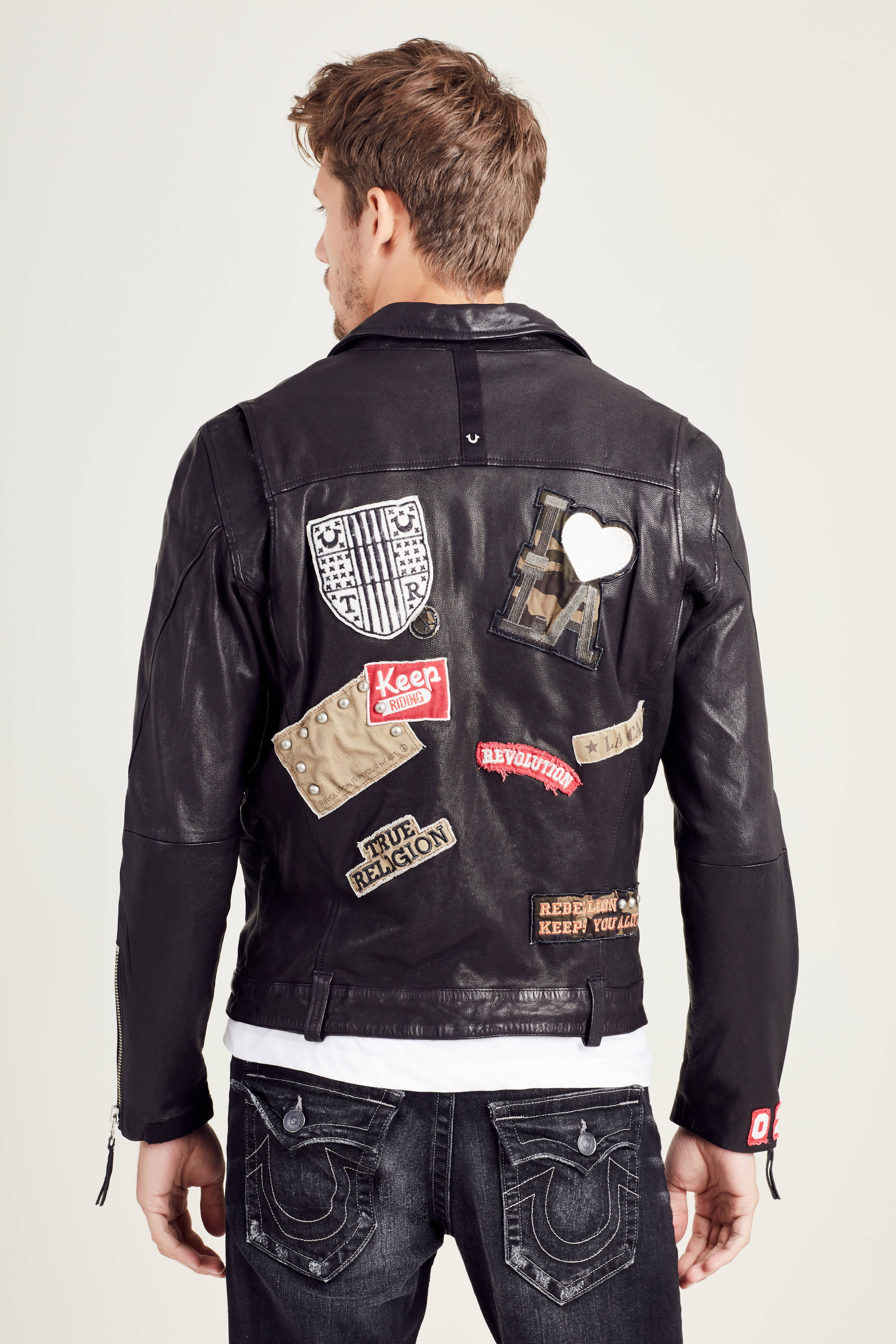 MENS PATCHED LEATHER BIKER JACKET - Black | True Religion
