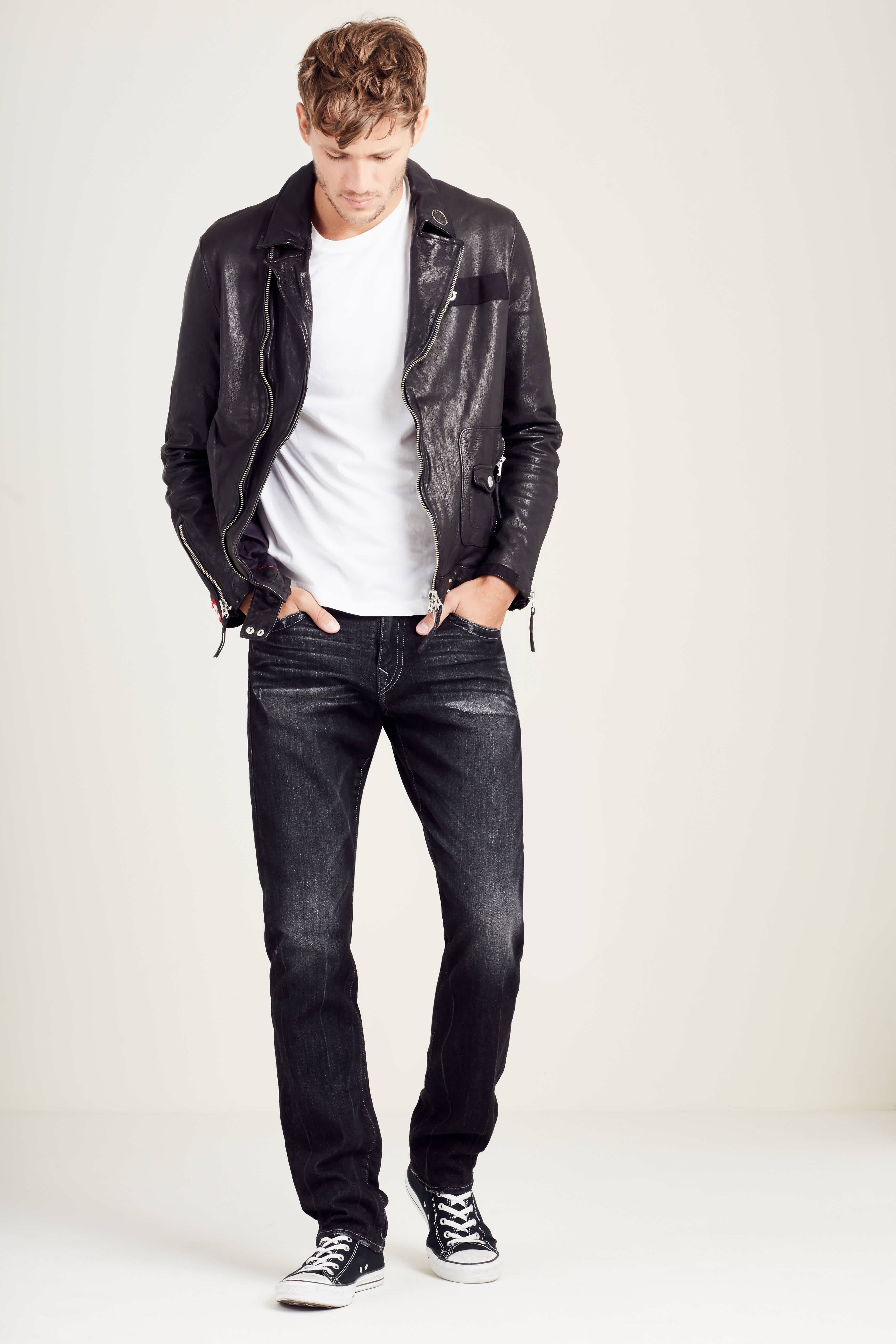 MENS PATCHED LEATHER BIKER JACKET - Black | True Religion
