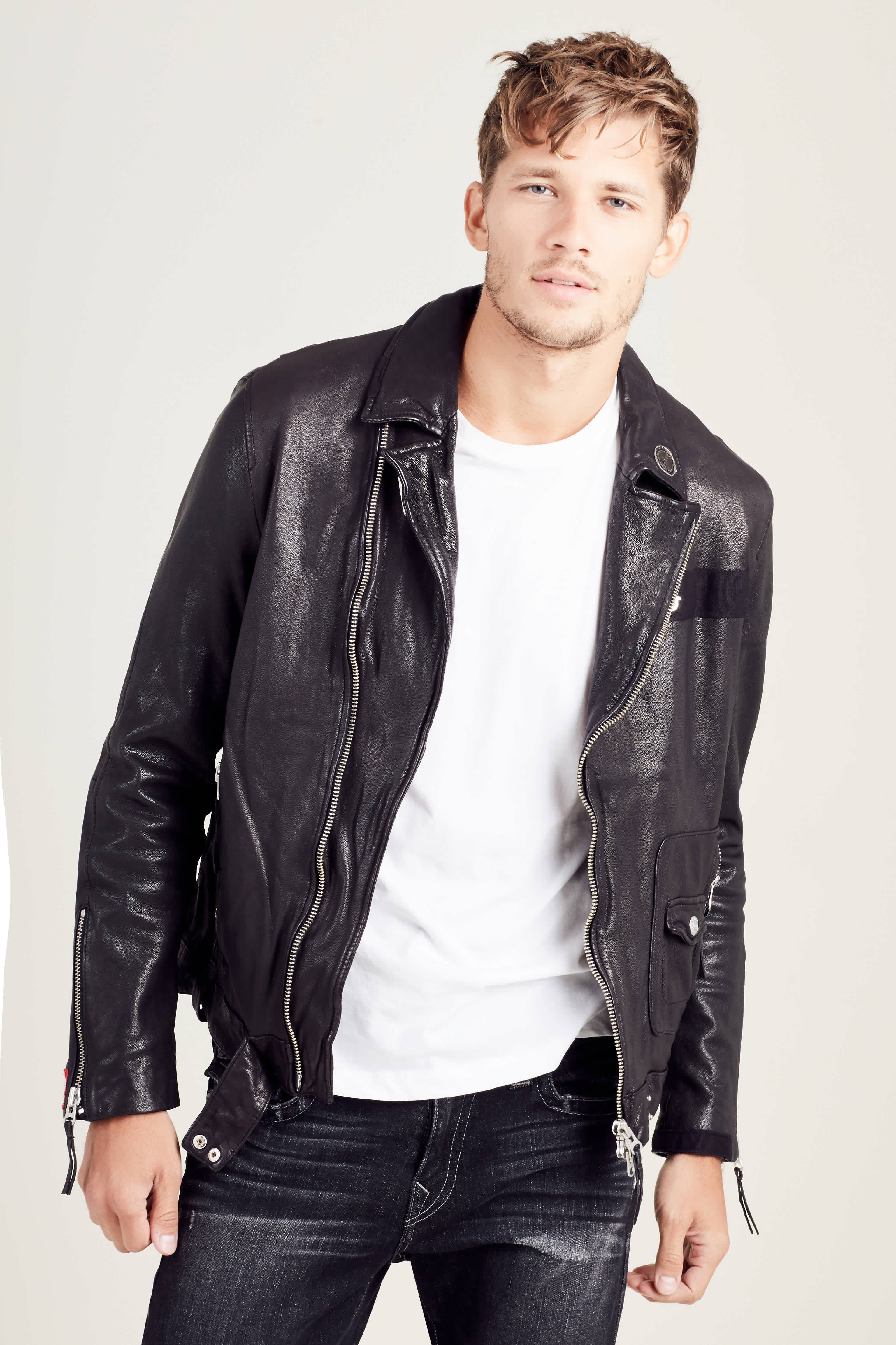 MENS PATCHED LEATHER BIKER JACKET - Black | True Religion