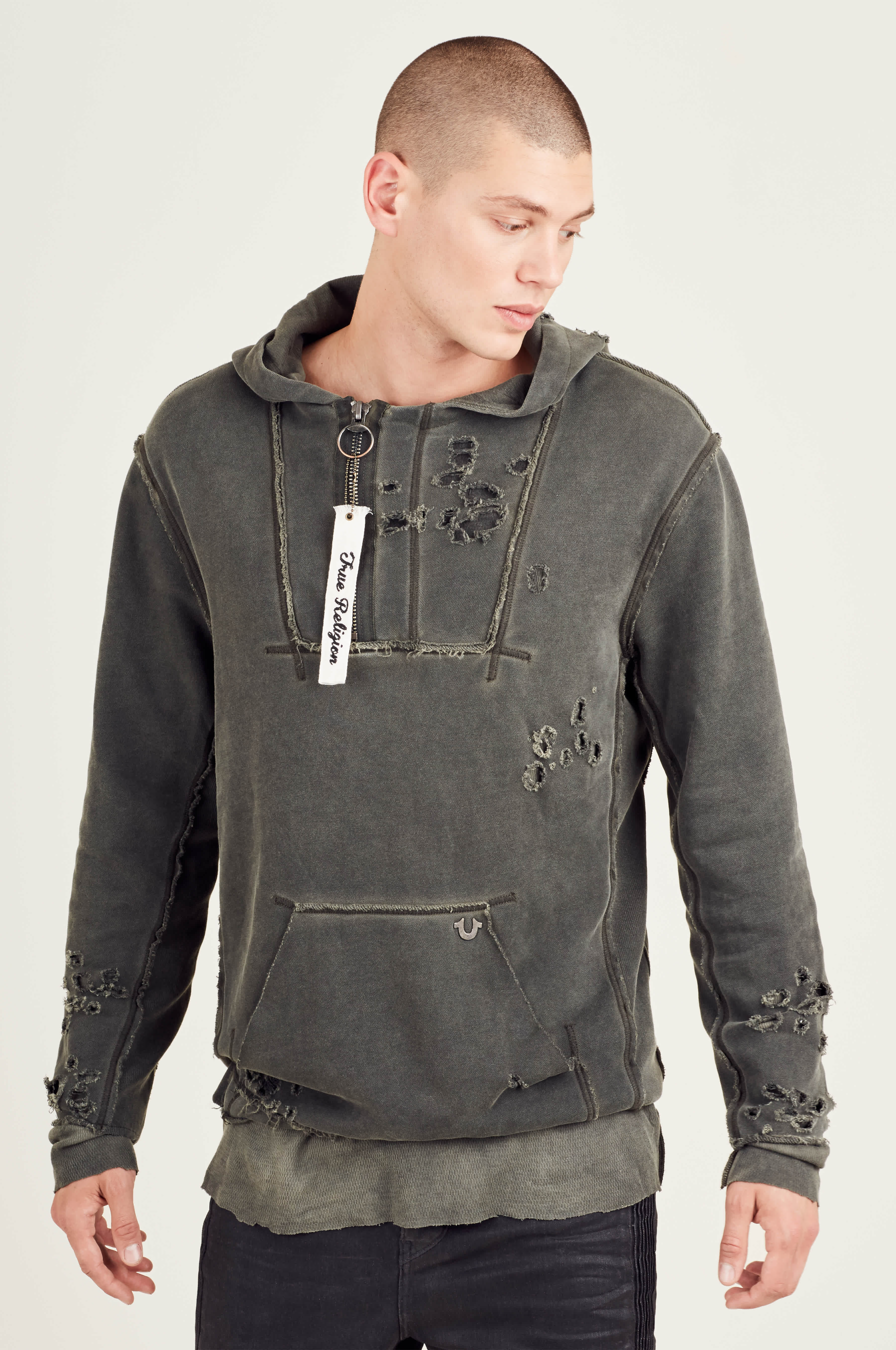 Mens grey true religion hoodie online