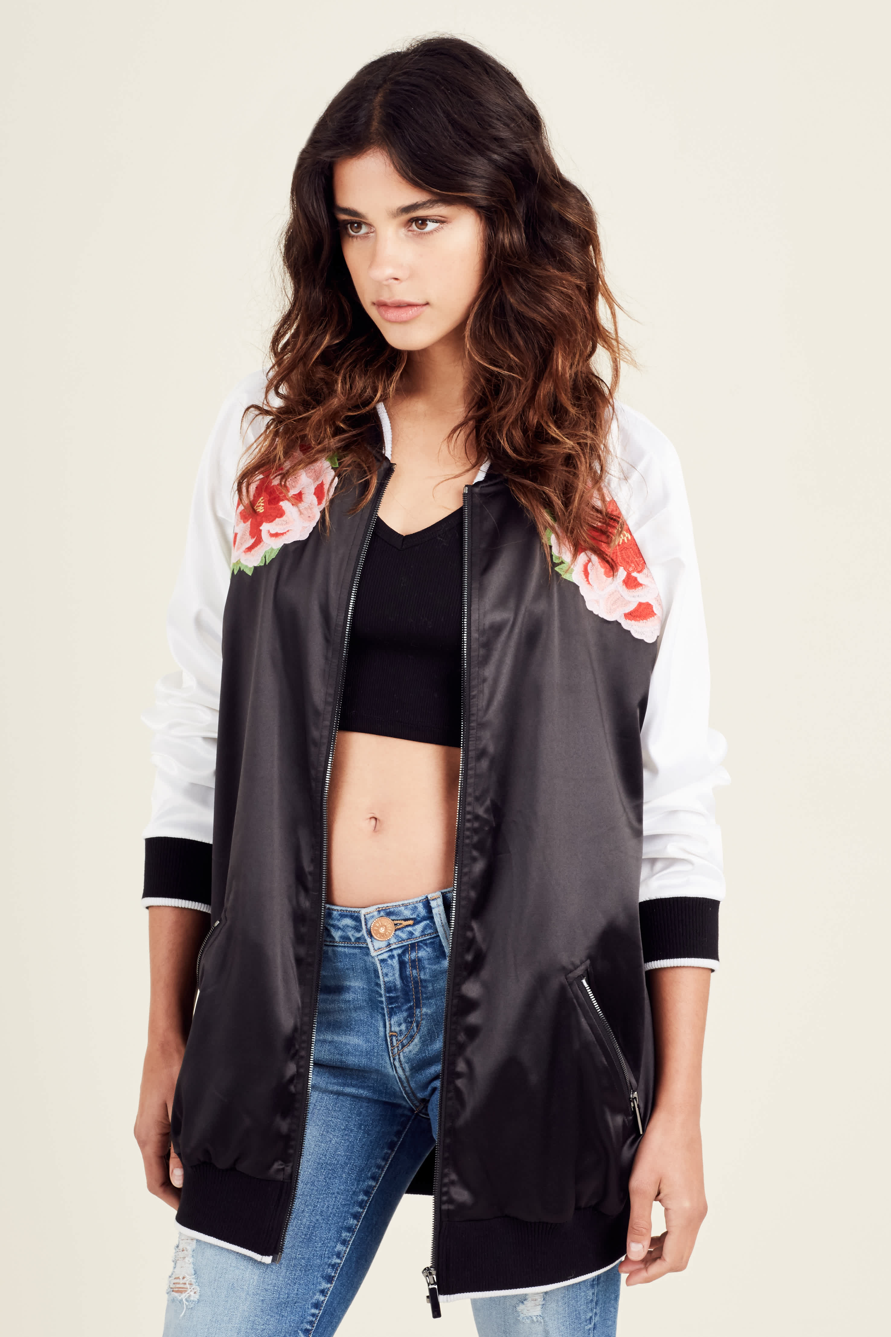WOMENS EMBROIDERED FLORAL SATEEN BOMBER JACKET